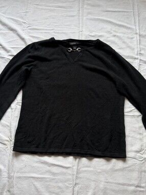 Josephine Chaus Black V‑Neck Sweater with Silver Ring Detail